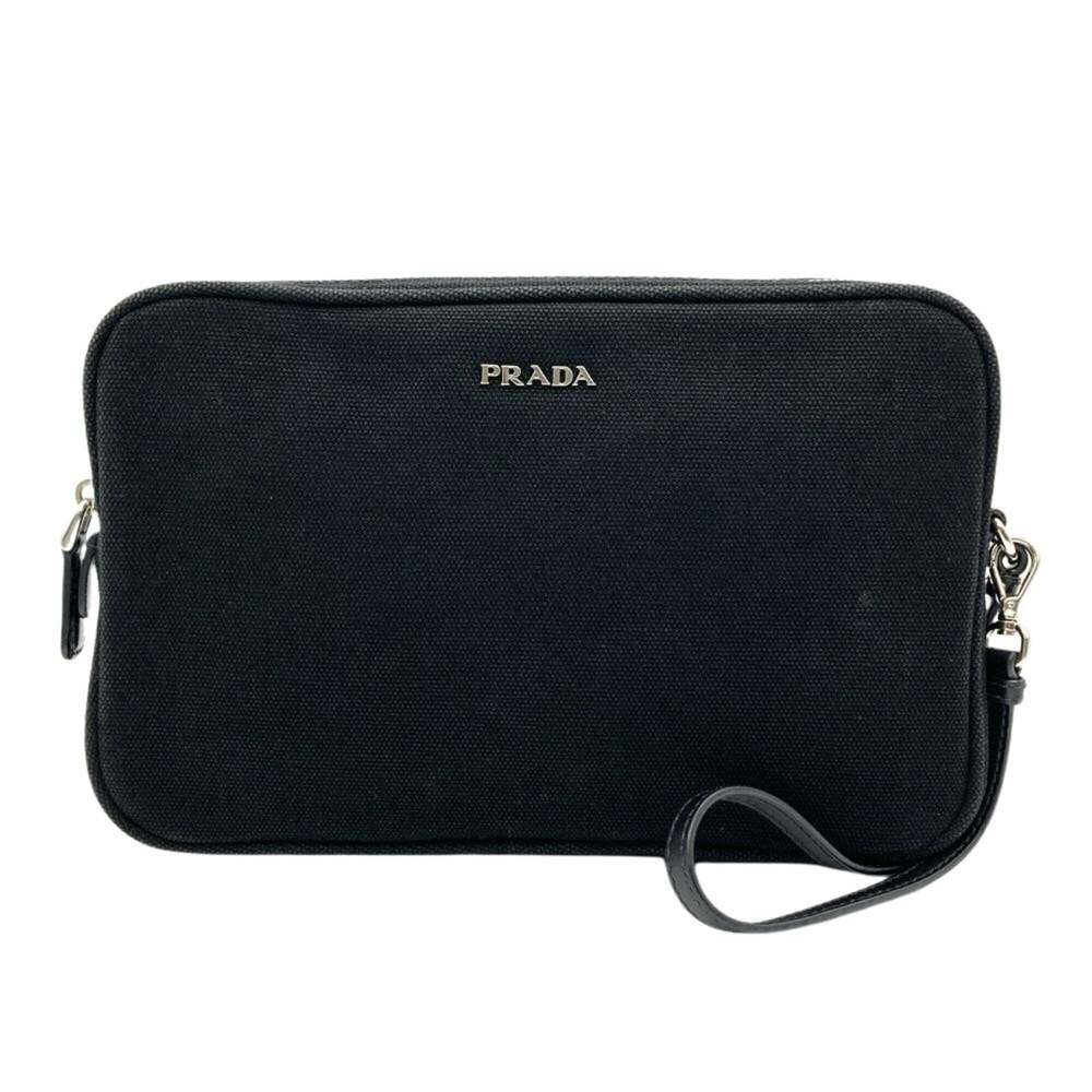 Prada accessory pouch/handbag, canvas, black, silver hardware, women's.